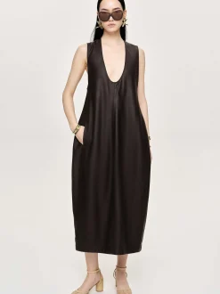 Women Source Unknown Dresses-Adua Faux Leather Maxi Dress, Chocolate