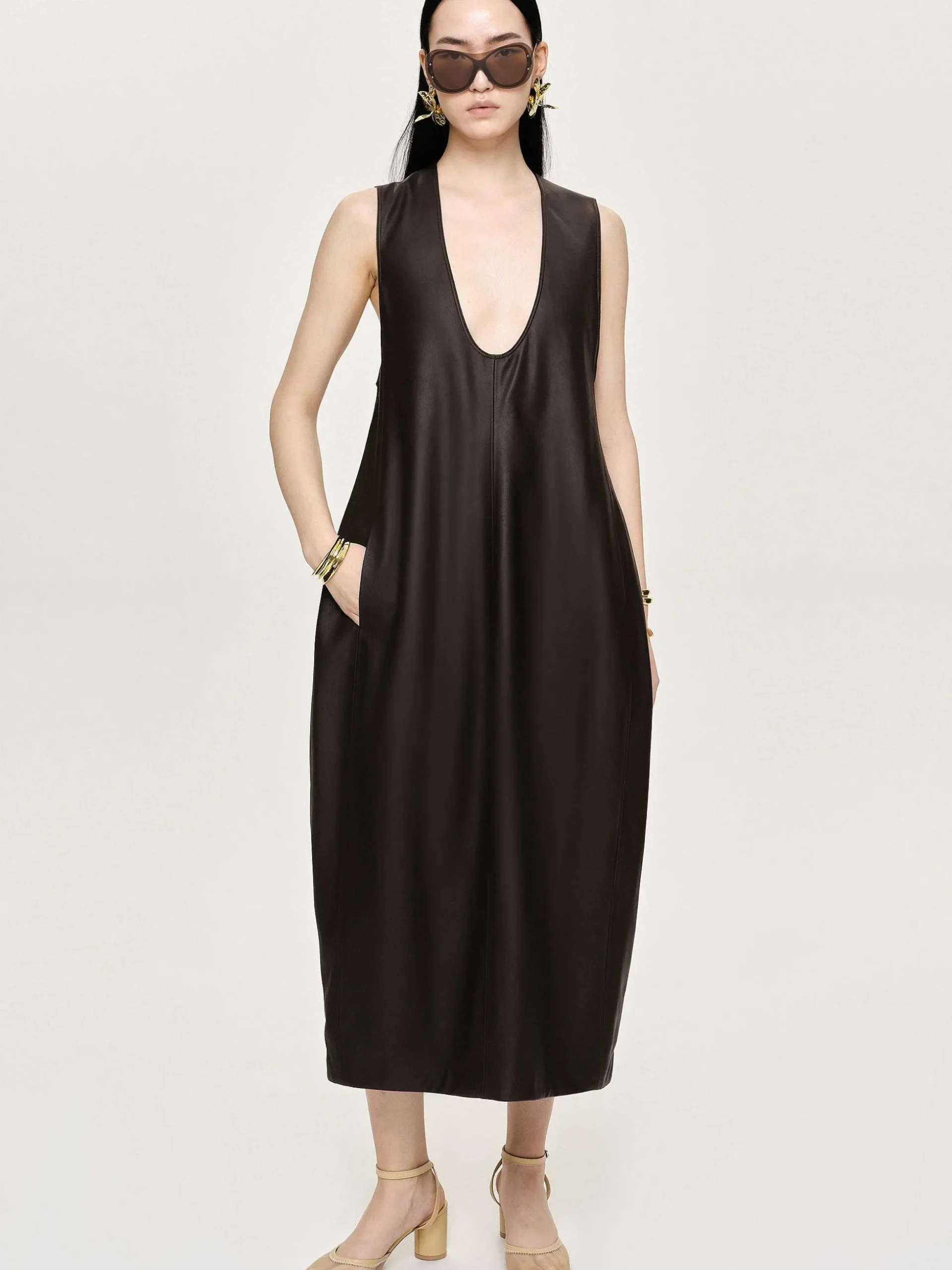 Women Source Unknown Dresses-Adua Faux Leather Maxi Dress, Chocolate
