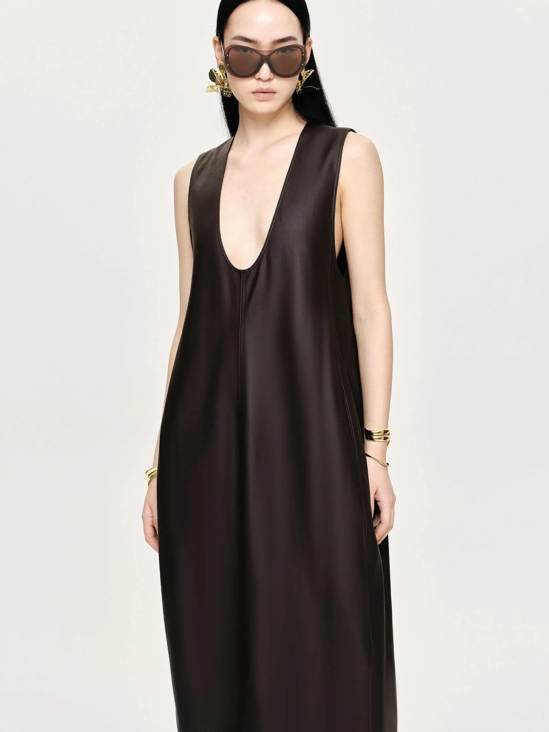 Women Source Unknown Dresses-Adua Faux Leather Maxi Dress, Chocolate