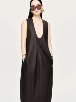 Women Source Unknown Dresses-Adua Faux Leather Maxi Dress, Chocolate