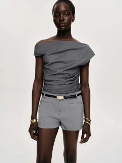 Women Source Unknown Clothing-Asymmetric Draped Top, Charcoal