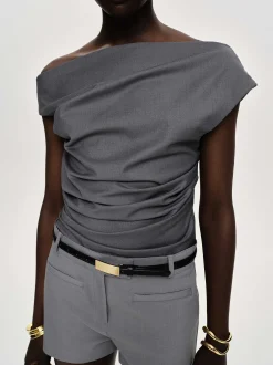 Women Source Unknown Clothing-Asymmetric Draped Top, Charcoal
