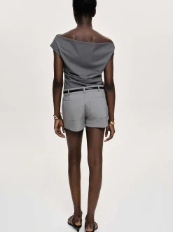 Women Source Unknown Tops-Asymmetric Draped Top, Charcoal