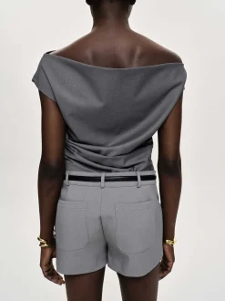 Women Source Unknown Tops-Asymmetric Draped Top, Charcoal