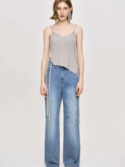 Women Source Unknown Clothing-Asymmetric Knit Tank Top, Fossil Grey