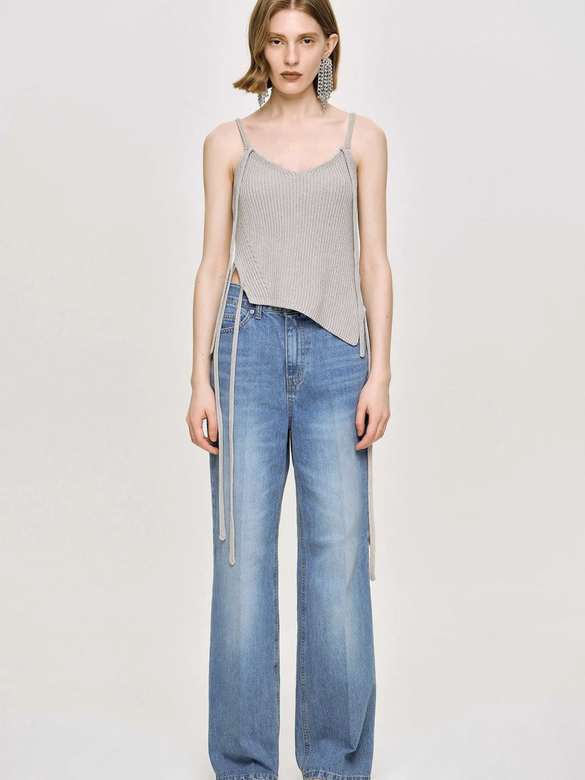 Women Source Unknown Clothing-Asymmetric Knit Tank Top, Fossil Grey