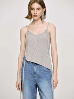 Women Source Unknown Clothing-Asymmetric Knit Tank Top, Fossil Grey