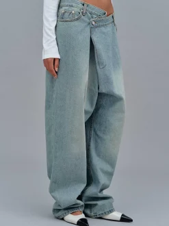 Women Source Unknown Denim-Asymmetric Wrap Faded Jeans, Stone Wash