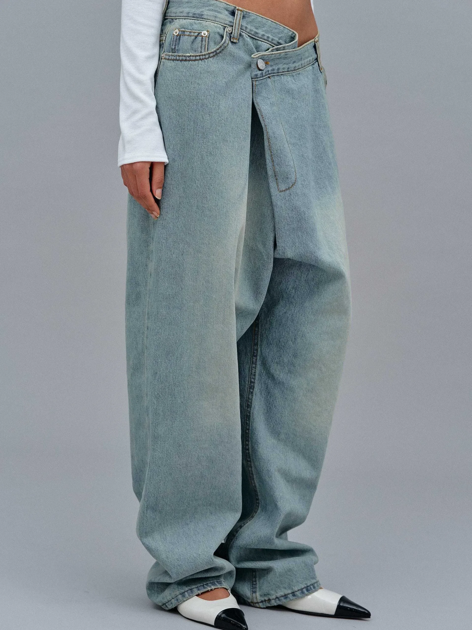 Women Source Unknown Denim-Asymmetric Wrap Faded Jeans, Stone Wash