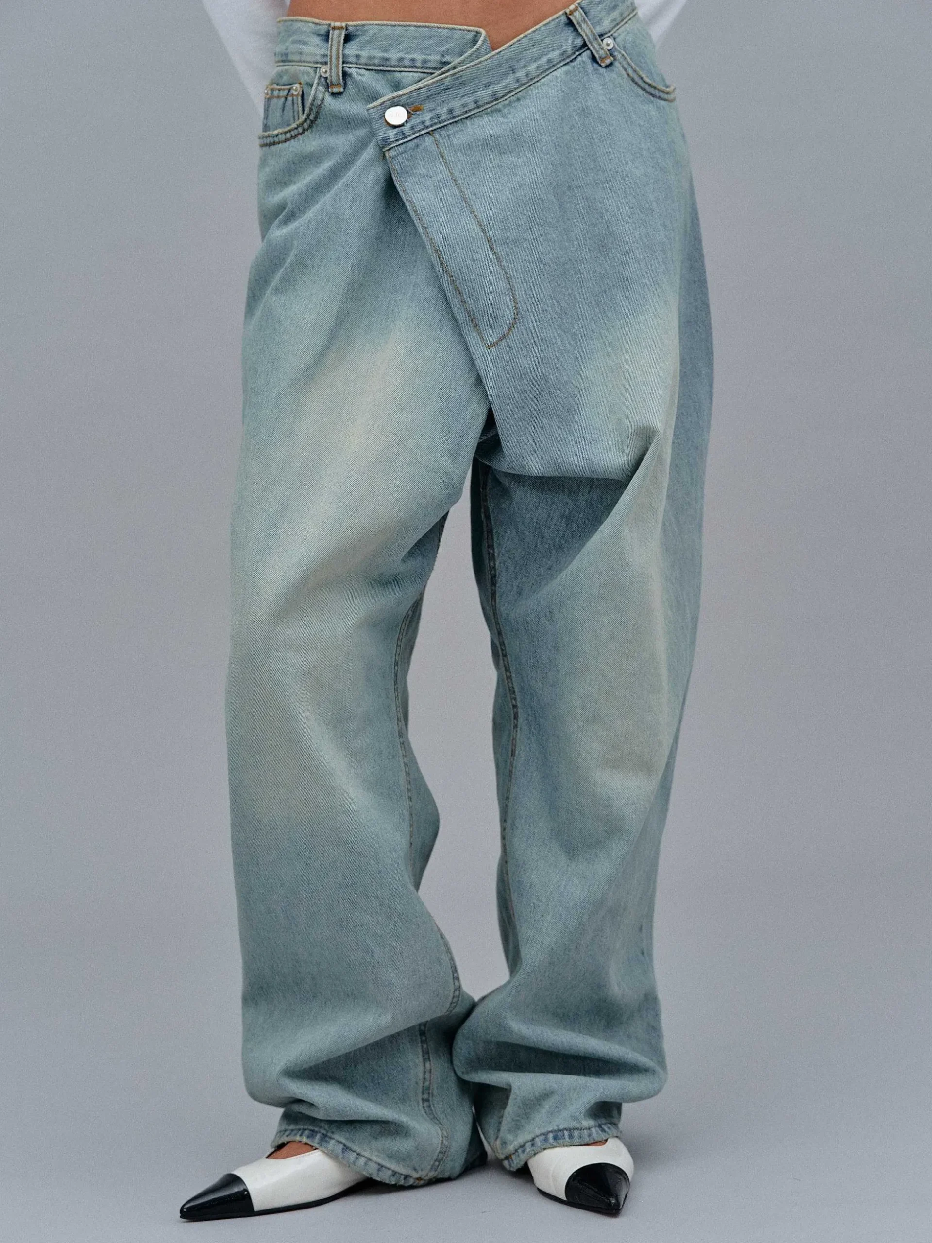 Women Source Unknown Denim-Asymmetric Wrap Faded Jeans, Stone Wash