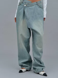 Women Source Unknown Denim-Asymmetric Wrap Faded Jeans, Stone Wash