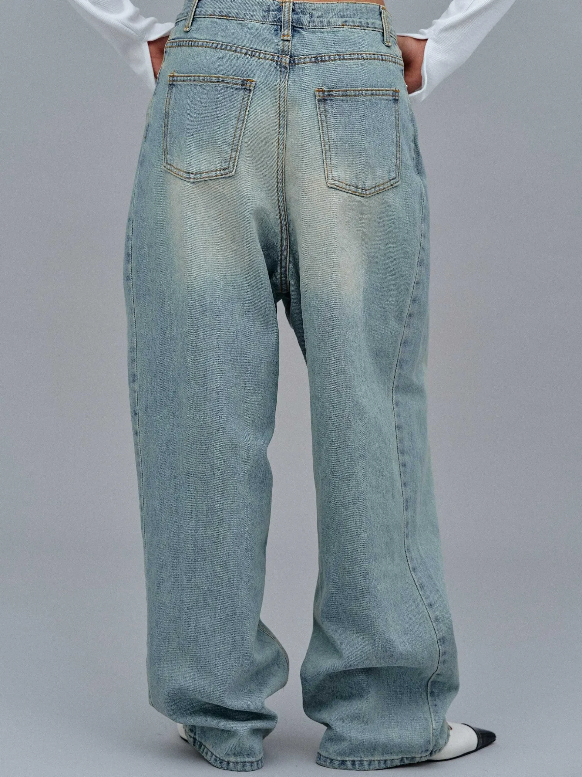 Women Source Unknown Clothing-Asymmetric Wrap Faded Jeans, Stone Wash