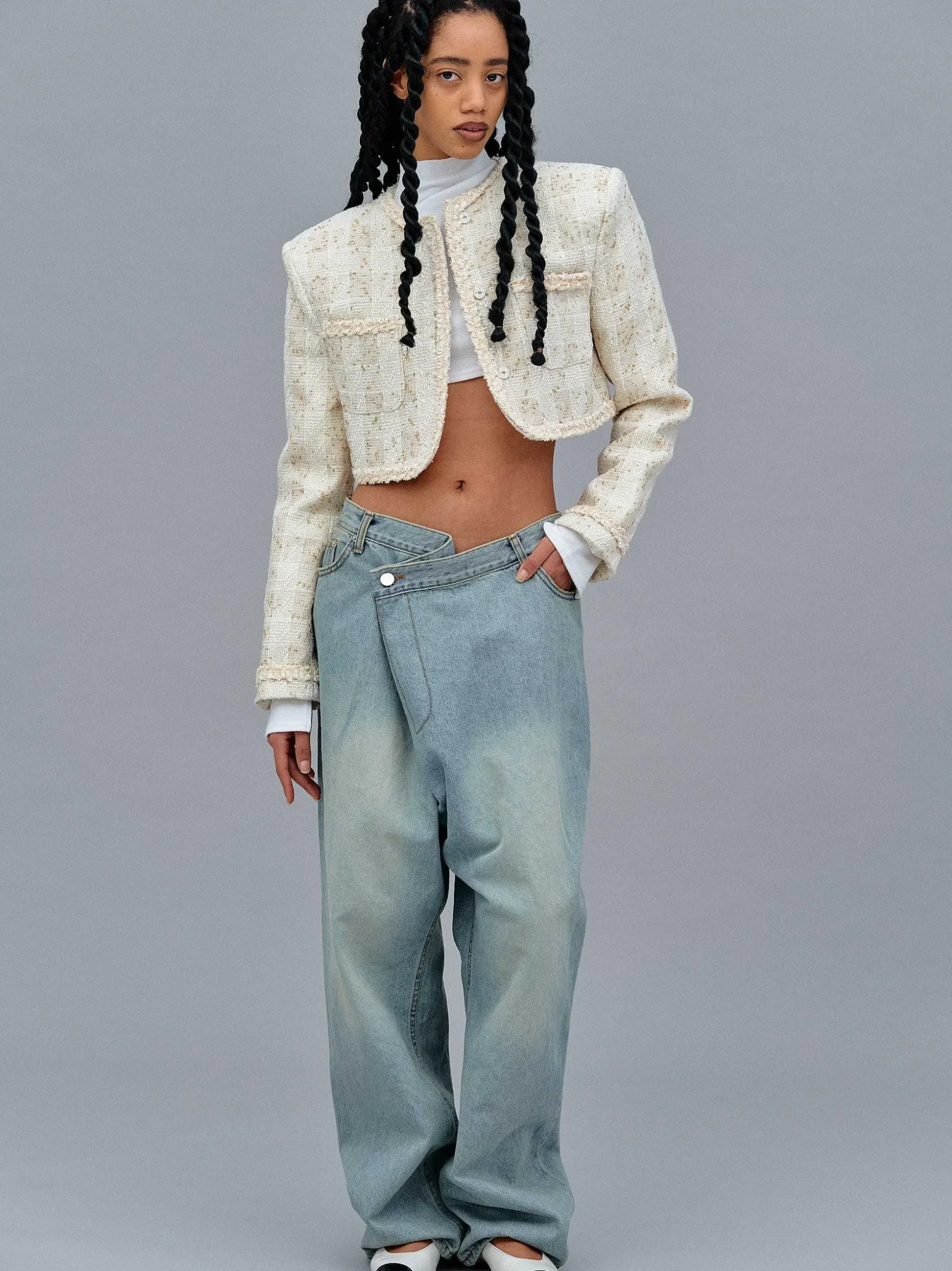 Women Source Unknown Clothing-Asymmetric Wrap Faded Jeans, Stone Wash