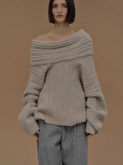 Women Source Unknown Accessories-Becca Oversized High Roll Knit Pullover, Coconut