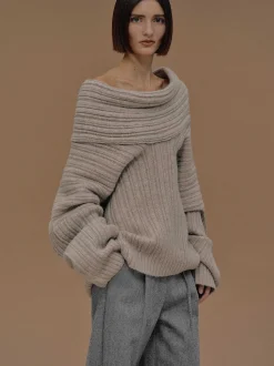 Women Source Unknown Accessories-Becca Oversized High Roll Knit Pullover, Coconut