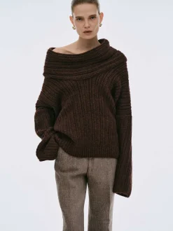 Women Source Unknown Accessories-Becca Oversized High Roll Knit Pullover, Chocolate