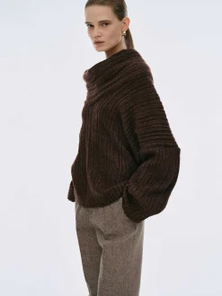 Women Source Unknown Accessories-Becca Oversized High Roll Knit Pullover, Chocolate