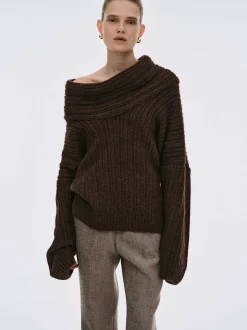 Women Source Unknown Accessories-Becca Oversized High Roll Knit Pullover, Chocolate