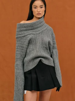 Women Source Unknown Accessories-Becca Oversized High Roll Knit Pullover, Storm Grey