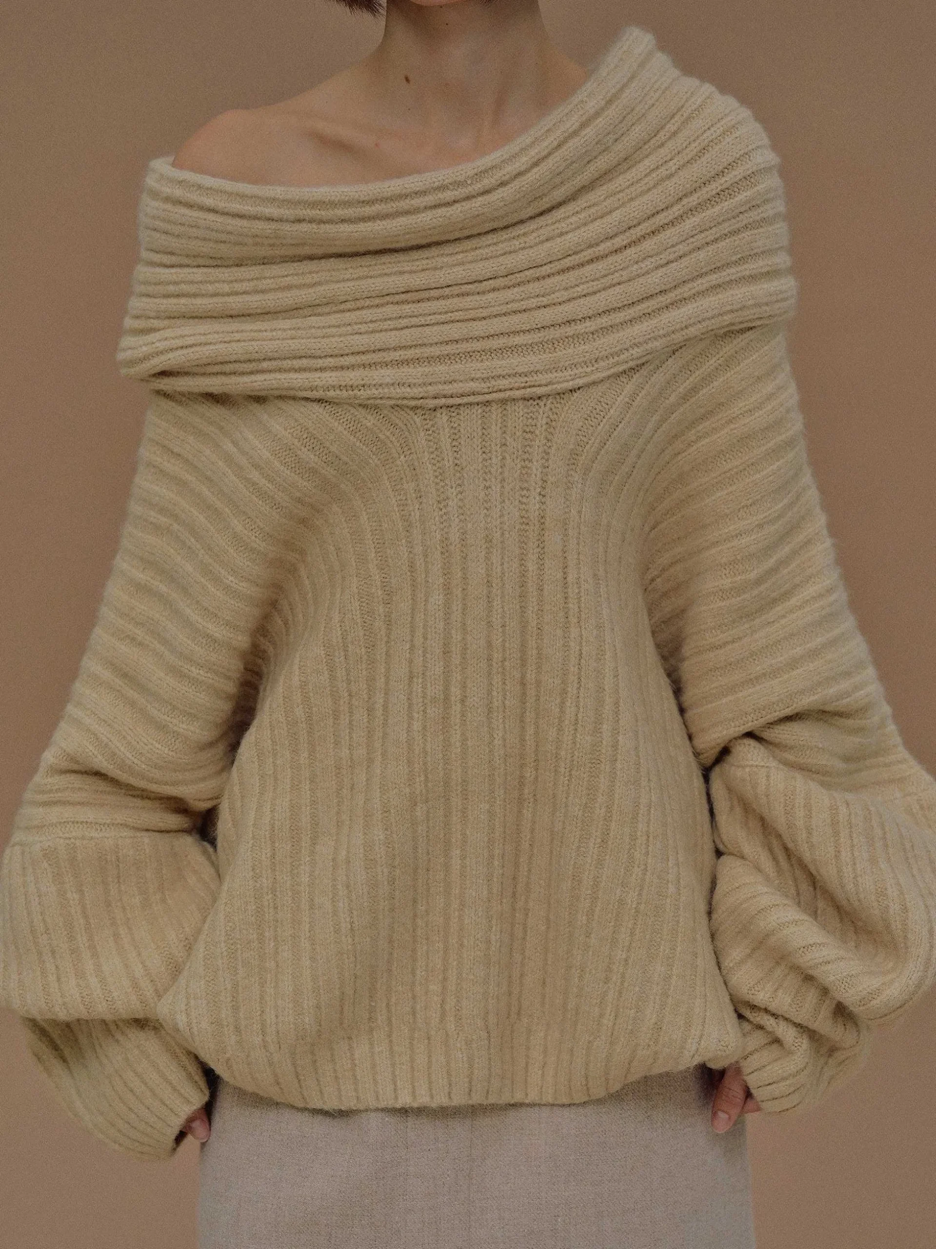 Women Source Unknown Accessories-Becca Oversized High Roll Knit Pullover, Butter