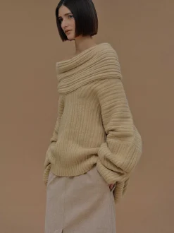Women Source Unknown Accessories-Becca Oversized High Roll Knit Pullover, Butter