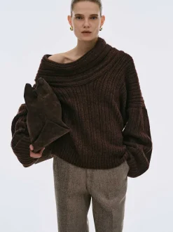 Women Source Unknown Accessories-Becca Oversized High Roll Knit Pullover, Chocolate