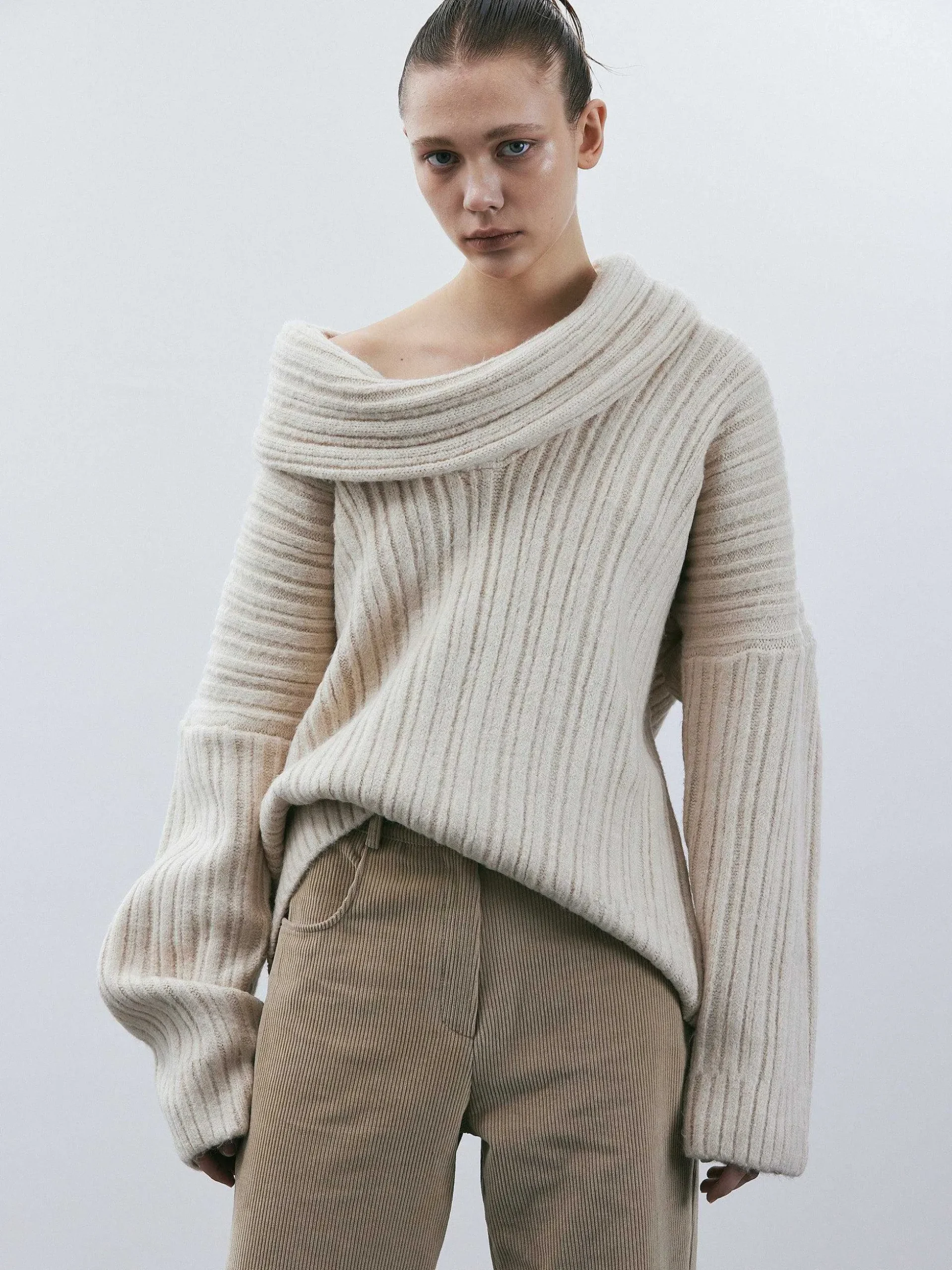 Women Source Unknown Accessories-Becca Oversized High Roll Knit Pullover, Birch