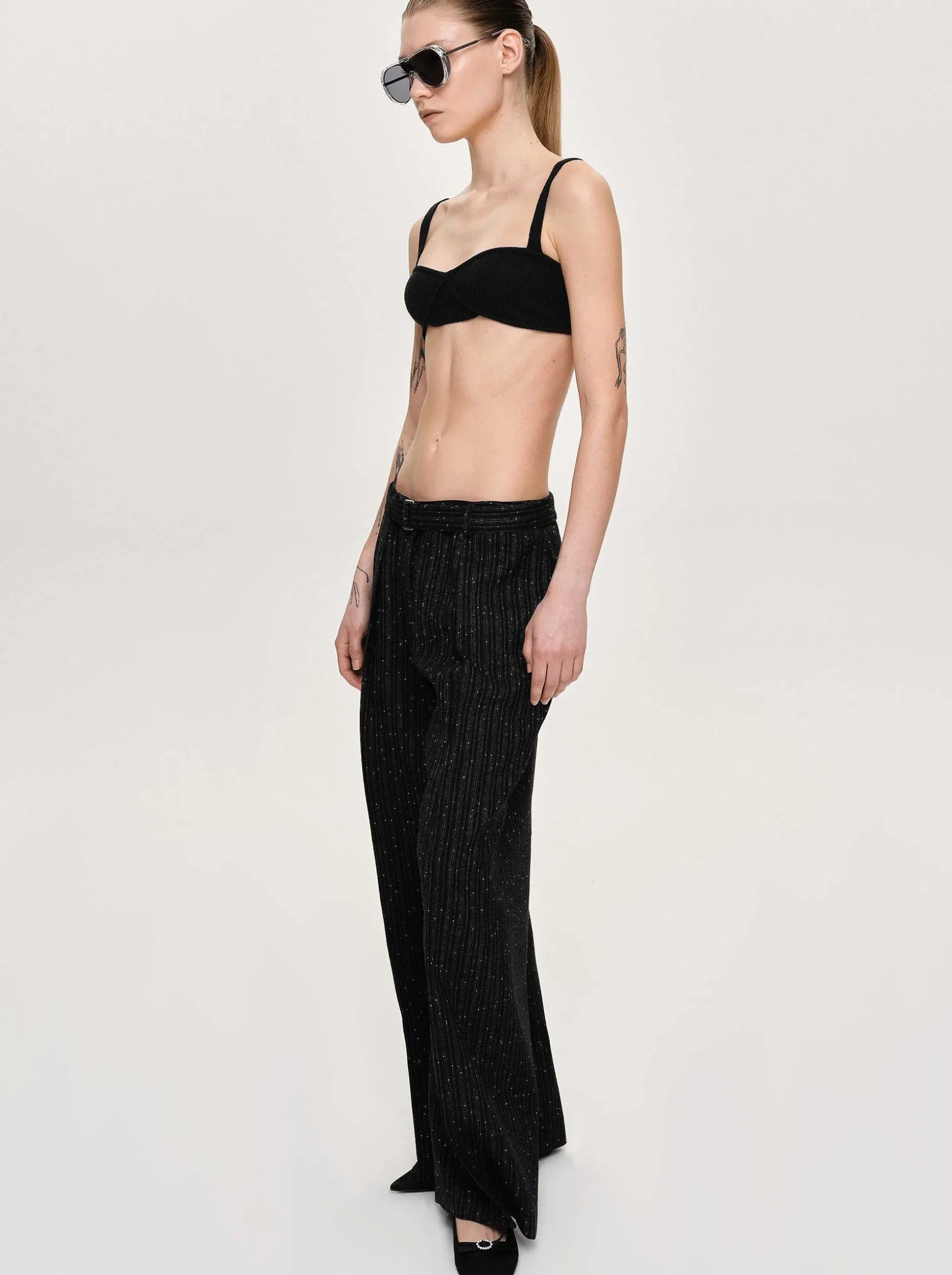 Women Source Unknown Clothing-Belted Suit Trousers, Black Stripe