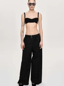 Women Source Unknown Clothing-Belted Suit Trousers, Black Stripe