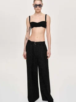 Women Source Unknown Clothing-Belted Suit Trousers, Black Stripe