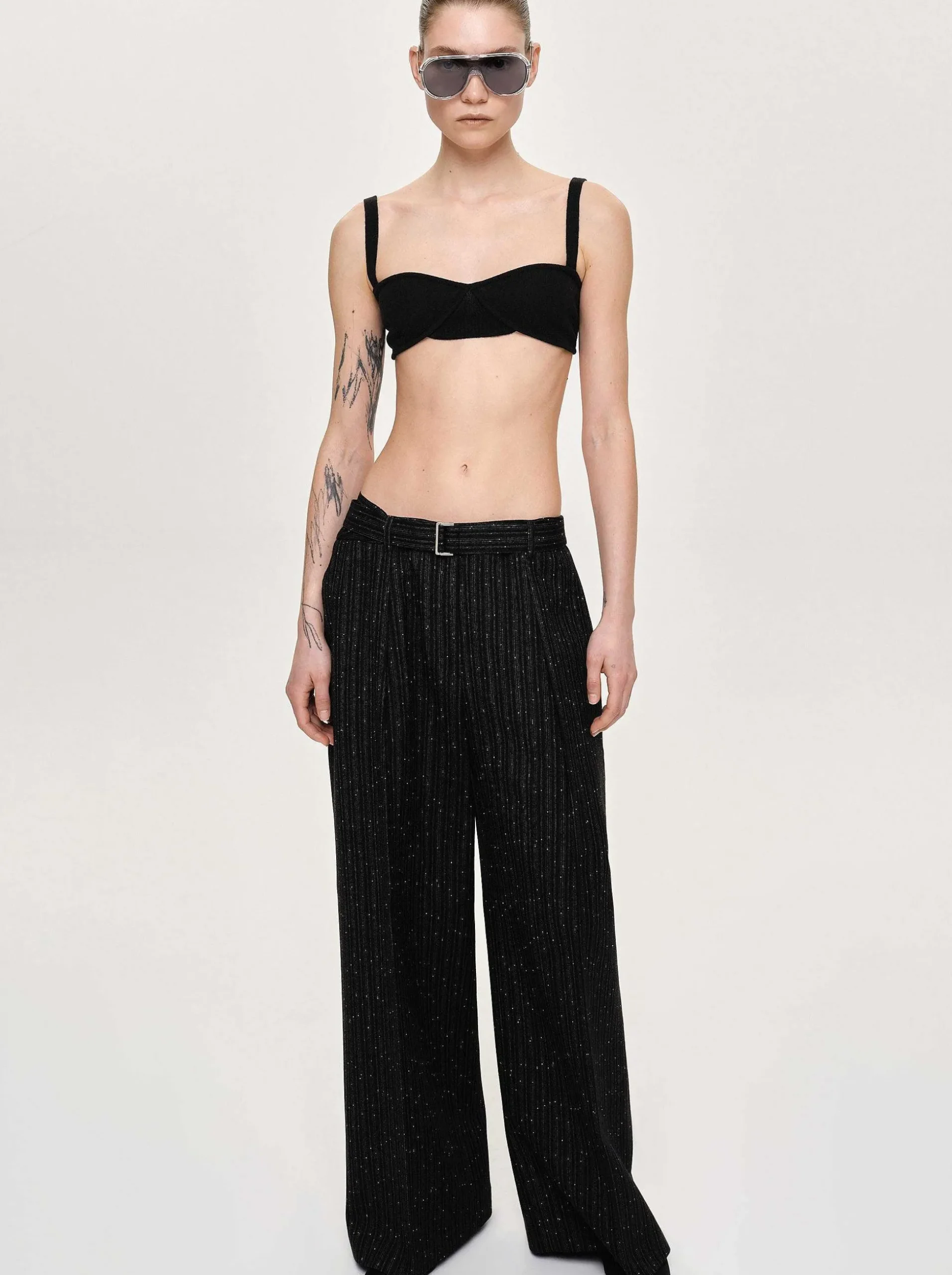 Women Source Unknown Clothing-Belted Suit Trousers, Black Stripe