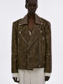Women Source Unknown Accessories-Bianca Faux Leather Biker Jacket, Washed Brown