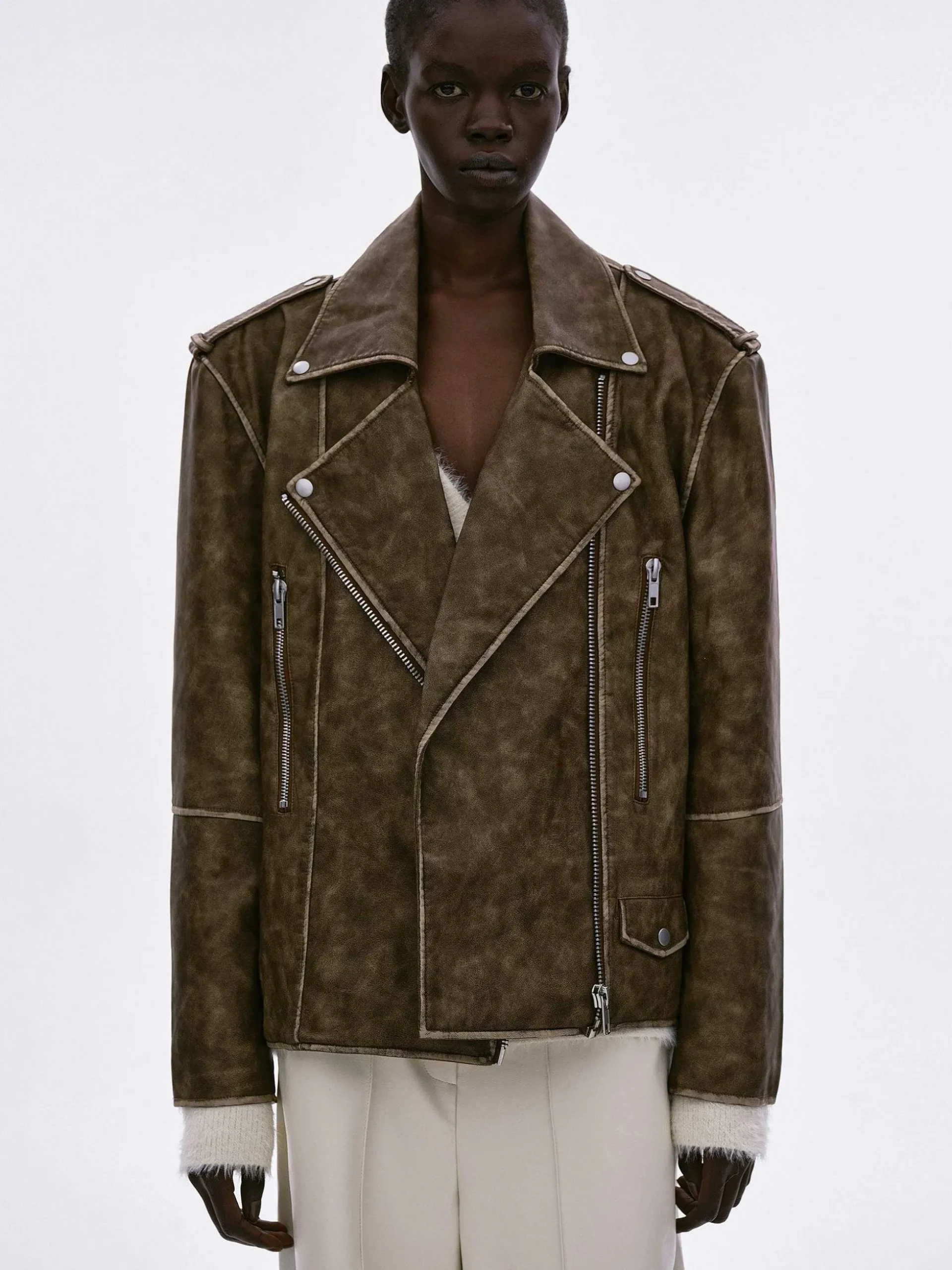 Women Source Unknown Accessories-Bianca Faux Leather Biker Jacket, Washed Brown