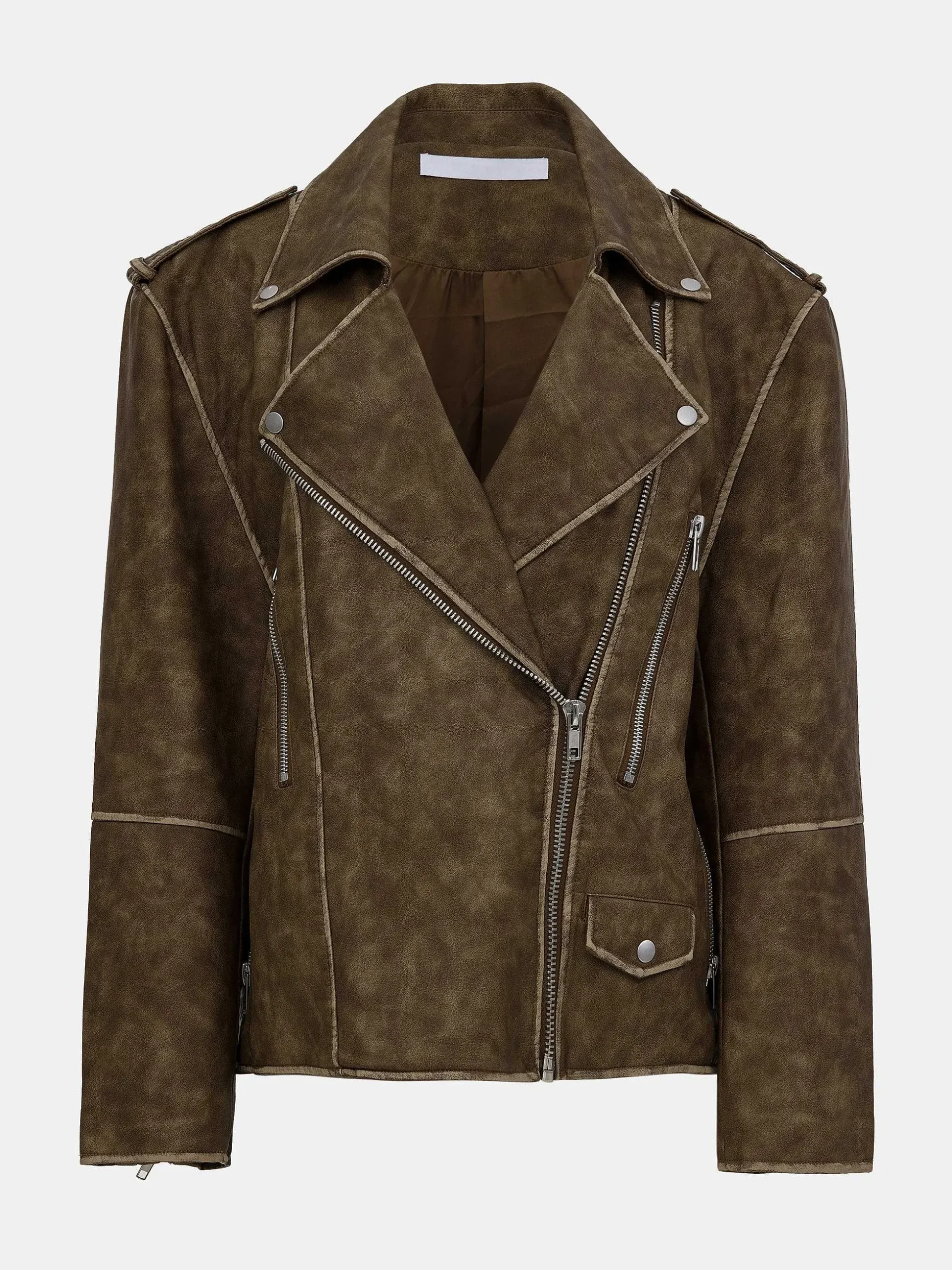 Women Source Unknown Accessories-Bianca Faux Leather Biker Jacket, Washed Brown