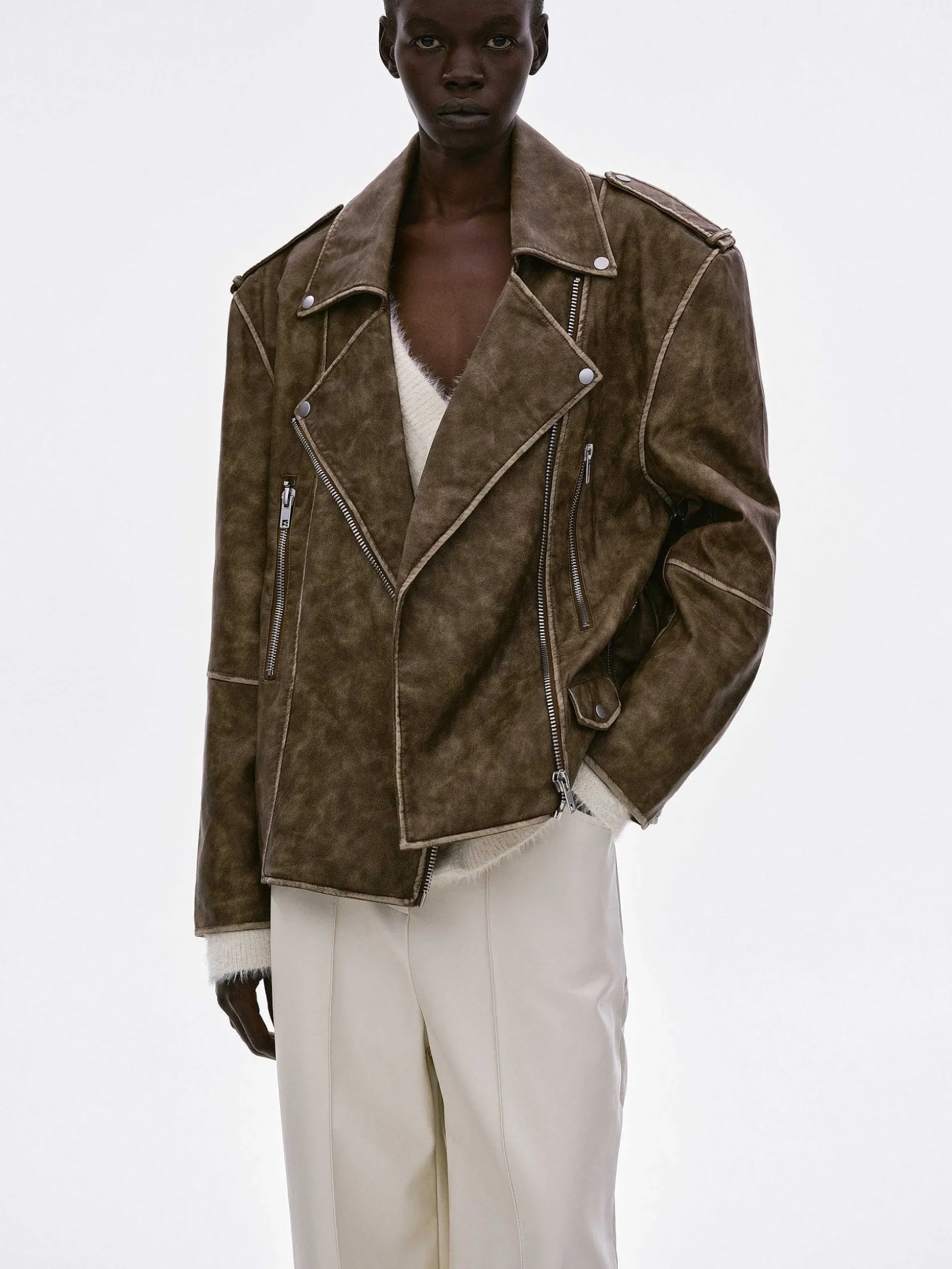 Women Source Unknown Accessories-Bianca Faux Leather Biker Jacket, Washed Brown