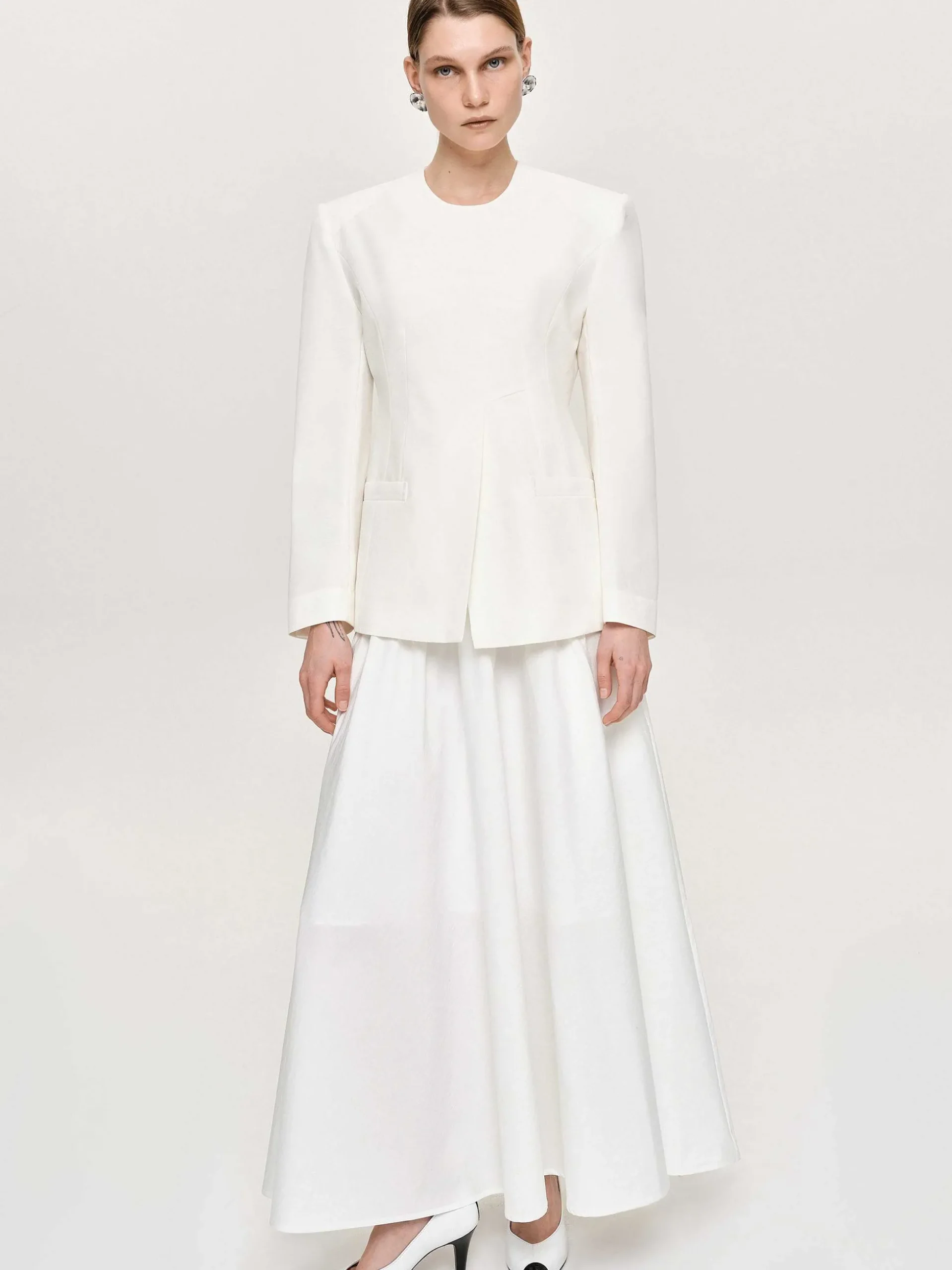 Women Source Unknown Accessories-Cinched Waist Split Jacket, Ivory