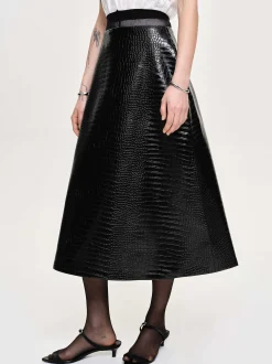Women Source Unknown Clothing-Croc-Embossed Midi Skirt, Black