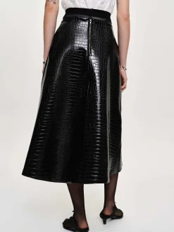 Women Source Unknown Clothing-Croc-Embossed Midi Skirt, Black
