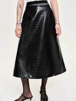 Women Source Unknown Clothing-Croc-Embossed Midi Skirt, Black
