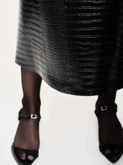 Women Source Unknown Bottoms-Croc-Embossed Midi Skirt, Black