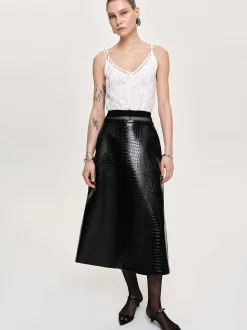 Women Source Unknown Bottoms-Croc-Embossed Midi Skirt, Black