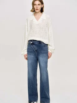 Women Source Unknown Denim-Crossover Jeans, Dark Stone Wash