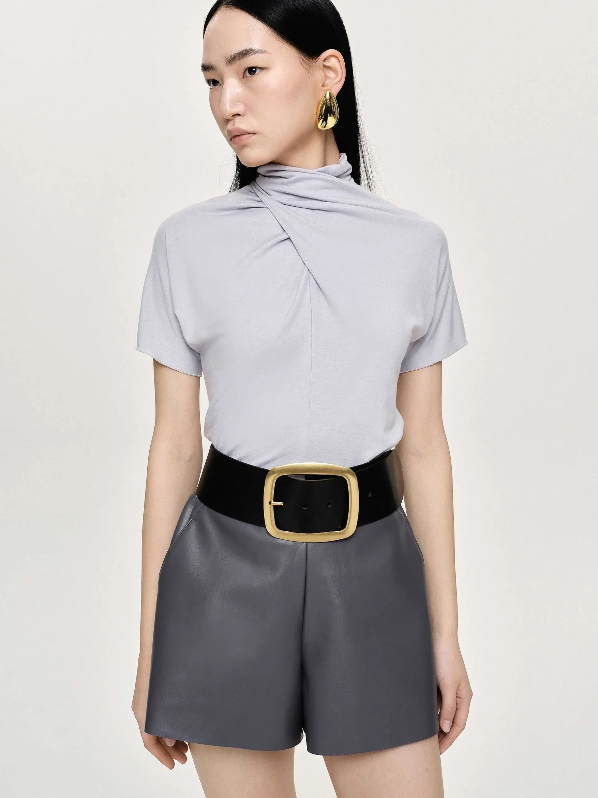 Women Source Unknown Tops-Daye Cross Neck T-Shirt, Mist Grey