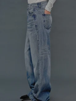 Women Source Unknown Clothing-Deconstructed Crossover Jeans, Medium Blue