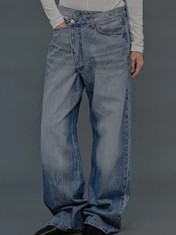 Women Source Unknown Clothing-Deconstructed Crossover Jeans, Medium Blue