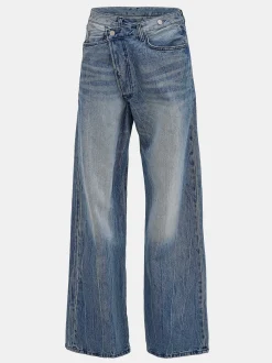 Women Source Unknown Clothing-Deconstructed Crossover Jeans, Medium Blue