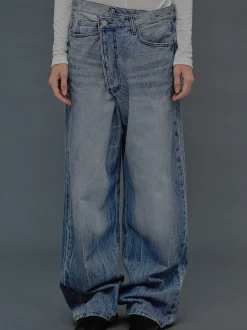 Women Source Unknown Clothing-Deconstructed Crossover Jeans, Medium Blue