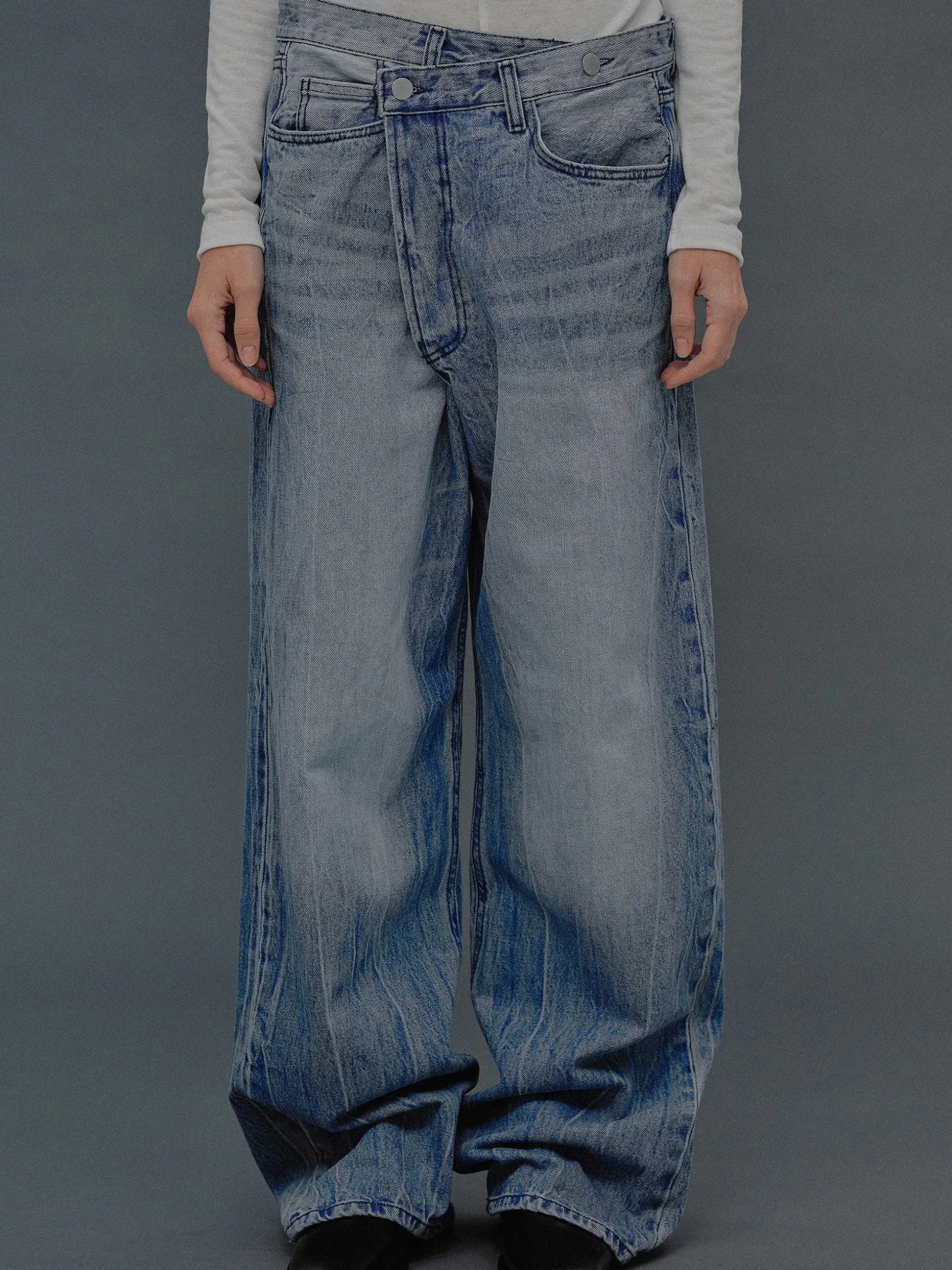 Women Source Unknown Clothing-Deconstructed Crossover Jeans, Medium Blue