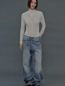 Women Source Unknown Clothing-Deconstructed Crossover Jeans, Medium Blue
