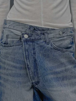 Women Source Unknown Clothing-Deconstructed Crossover Jeans, Medium Blue